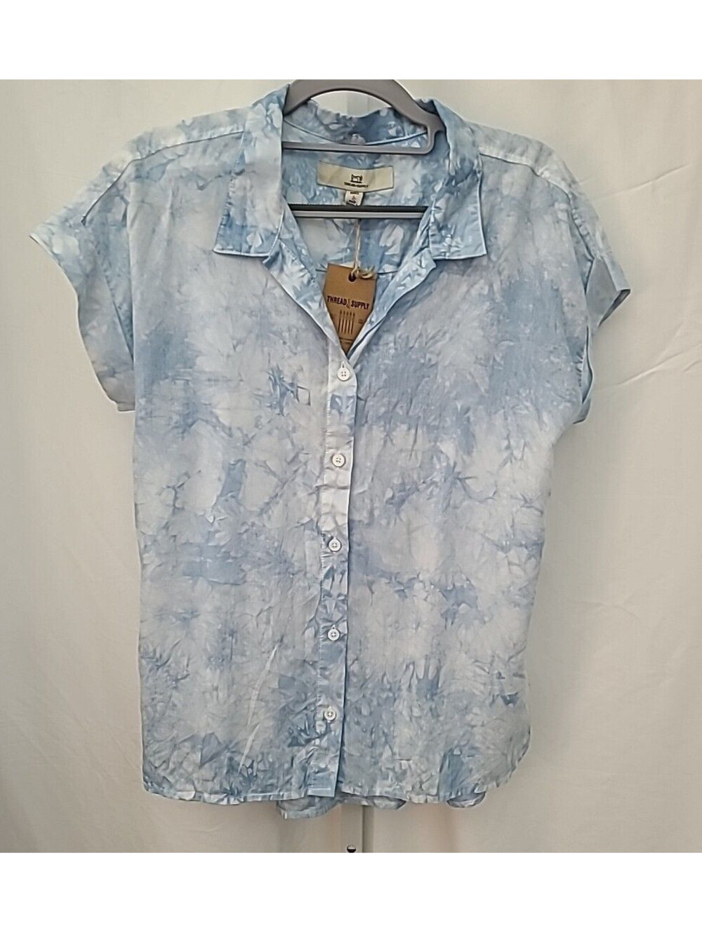 Thread & Supply Women's Shirt Size S Button Up Blue & White Cracked Ice NEW NWT